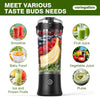 Black portable blender with images of various food items and text indicating its uses.