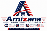 A digital logo graphic for 'Amizana' featuring a large stylized letter 'A' filled with the American flag pattern, a shopping cart icon, and the brand name 'Amizana' with supporting text and feature icons below.