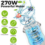 A 270W powerful ice maker machine with a transparent blue-tinted jar showing internal blades, shown on a white background with promotional text and feature icons including BPA Free, Crushed Ice, 4000mah Battery, 6 Sharp Blades, 20000RPM, and Safety Lock.