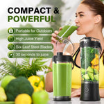 Woman drinking a green smoothie from a portable blender with text highlighting features.