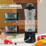 A portable electric blender with a clear jar and black base, shown on a tabletop with fruit props. The image includes text reading 'FULLY CHARGED, ALL GREEN LIGHTS ON, RED LIGHT OFF' and two inset diagrams showing the illuminated blades in full power and undercharged states.