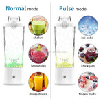 A portable electric blender shown in two modes, labeled 'Normal mode' and 'Pulse mode,' with circular food and drink examples including shakes, smoothies, thick jam, frozen fruits, and ice cubes. The blender has a clear upper chamber, white base, and green LED light in the normal mode.