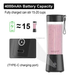 Black portable blender with pink smoothie, battery icon, and text about 4000mAh capacity and charging port.