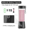 Black portable blender with pink smoothie, battery icon, and text about 4000mAh capacity and charging port.